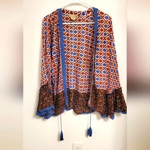 Nalini Bohemian Patterned Kimono with Blue And Red Accents Tie Front One Size